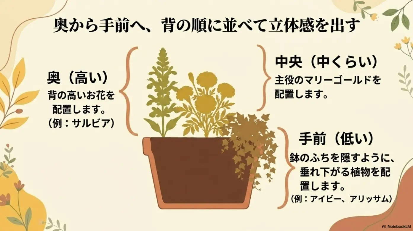奥に背の高い花、手前に垂れ下がる植物を配置する立体感の出し方の図