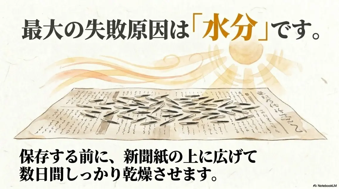 保存前に新聞紙の上に広げて種をしっかり乾燥させる手順を示すスライド
