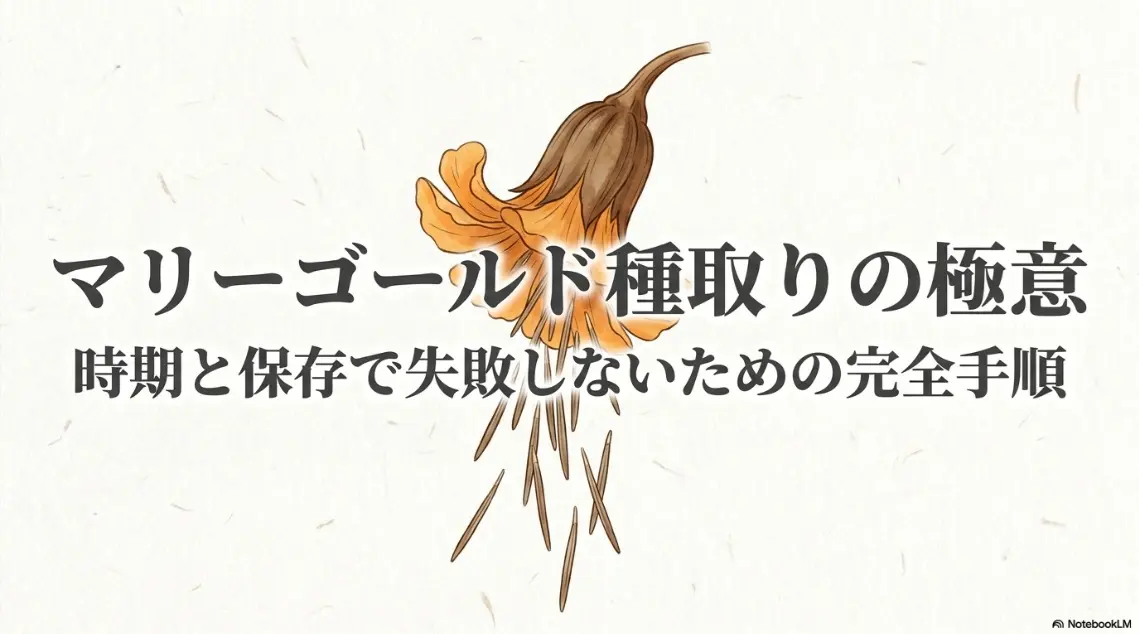 マリーゴールド種取りの時期と保存手順を示すタイトルスライド