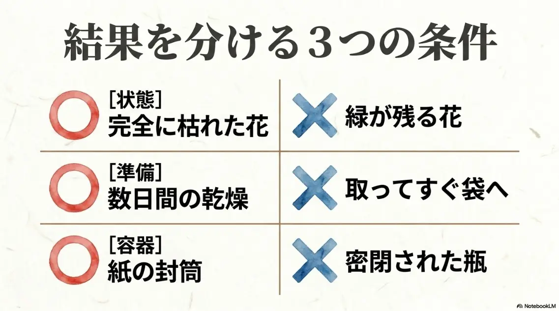 状態、準備、容器に関する種取り成功のための3つの条件チェックリスト