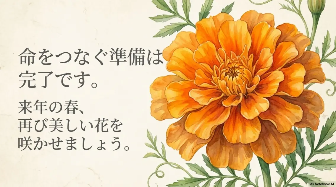 種取りが完了し来年の春に美しい花を咲かせる準備ができたことを示すスライド