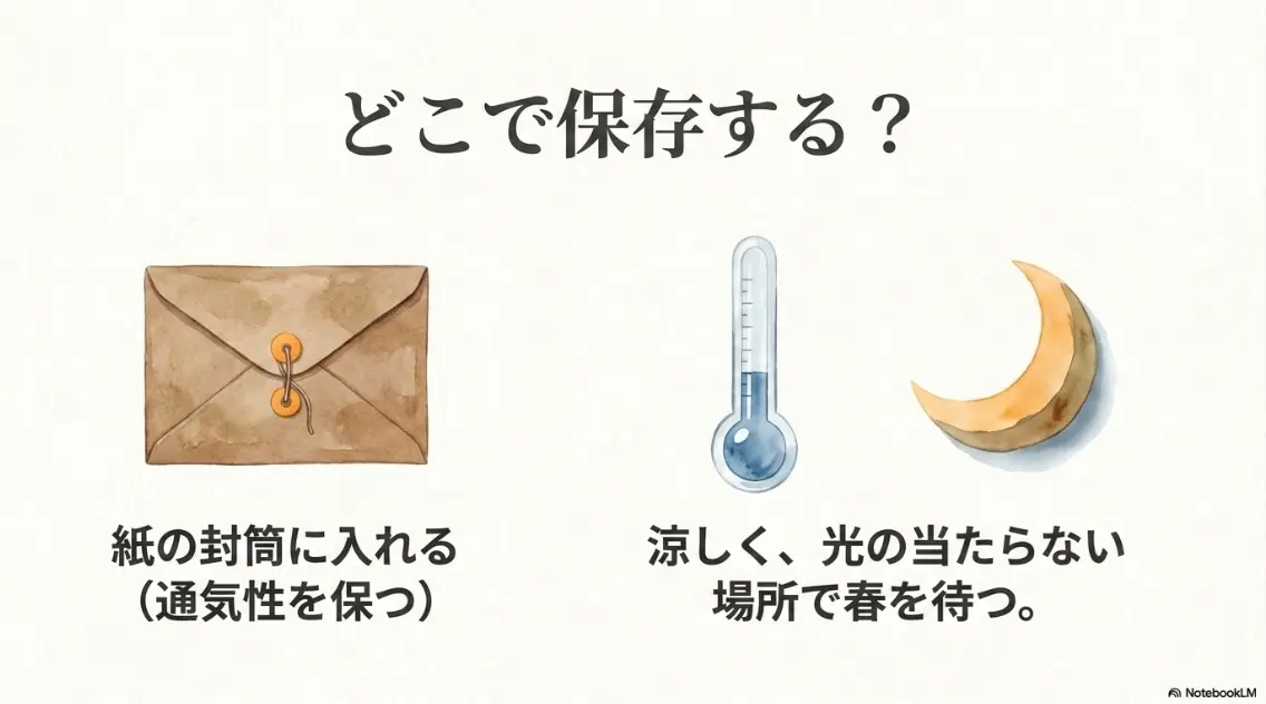 紙の封筒に入れ涼しく光の当たらない場所で保存する方法を示すスライド