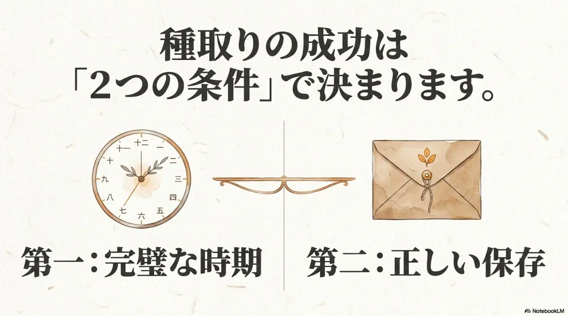 種取り成功の条件である完璧な時期と正しい保存を示すスライド