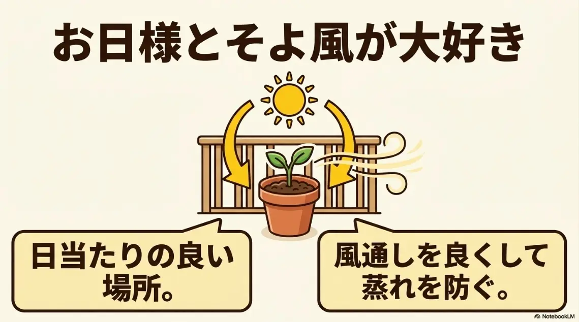 ミニひまわりはお日様とそよ風が大好きで、日当たりの良い場所と風通しが必要であることを示す画像
