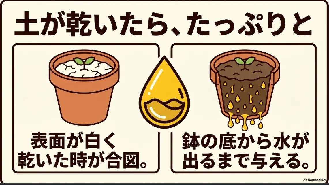 土の表面が白く乾いたら、鉢の底から水が出るまでたっぷりと水やりをするタイミング