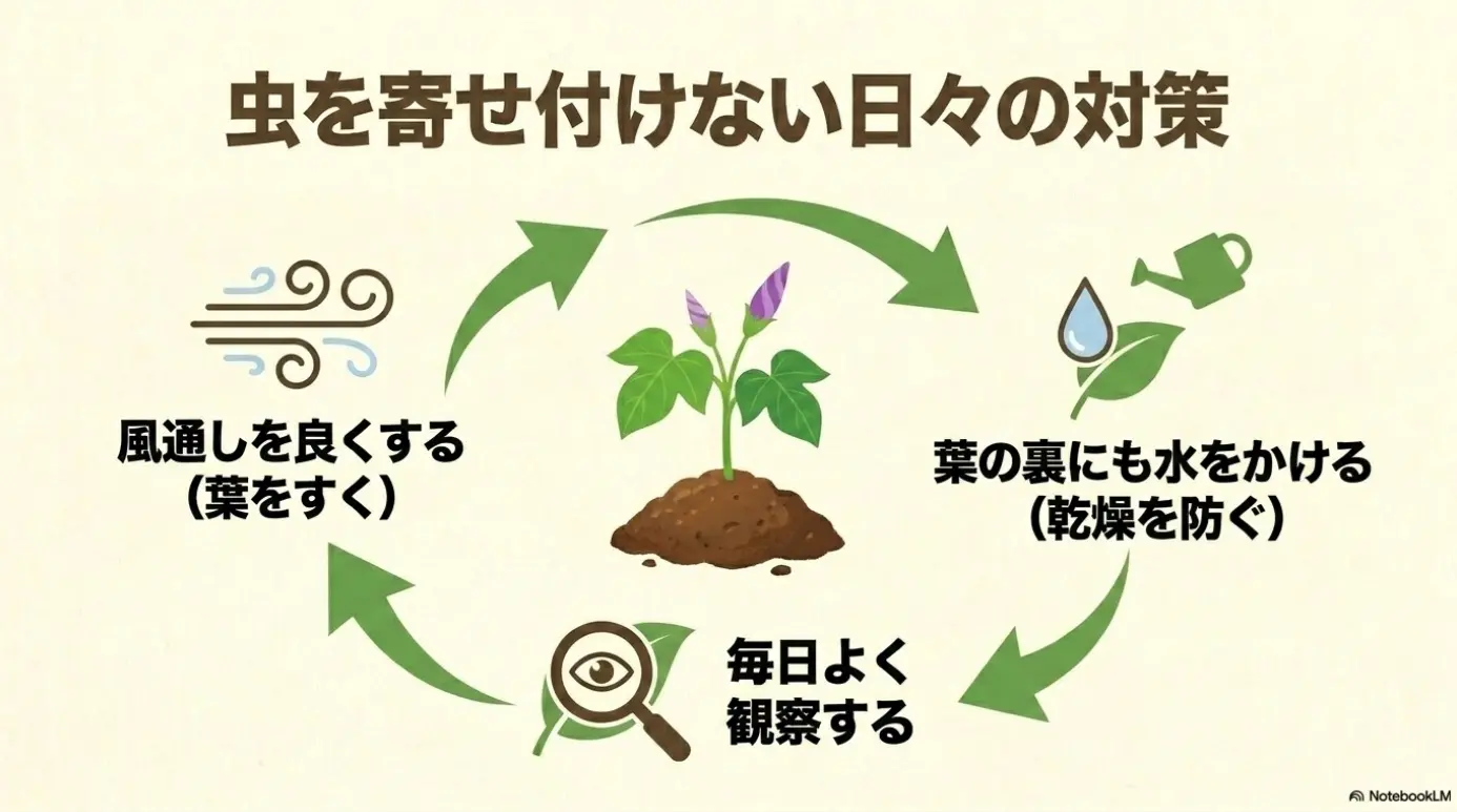 葉をすいて風通しを良くし、毎日観察しながら葉の裏に水をかけて乾燥を防ぐ予防策の図解。