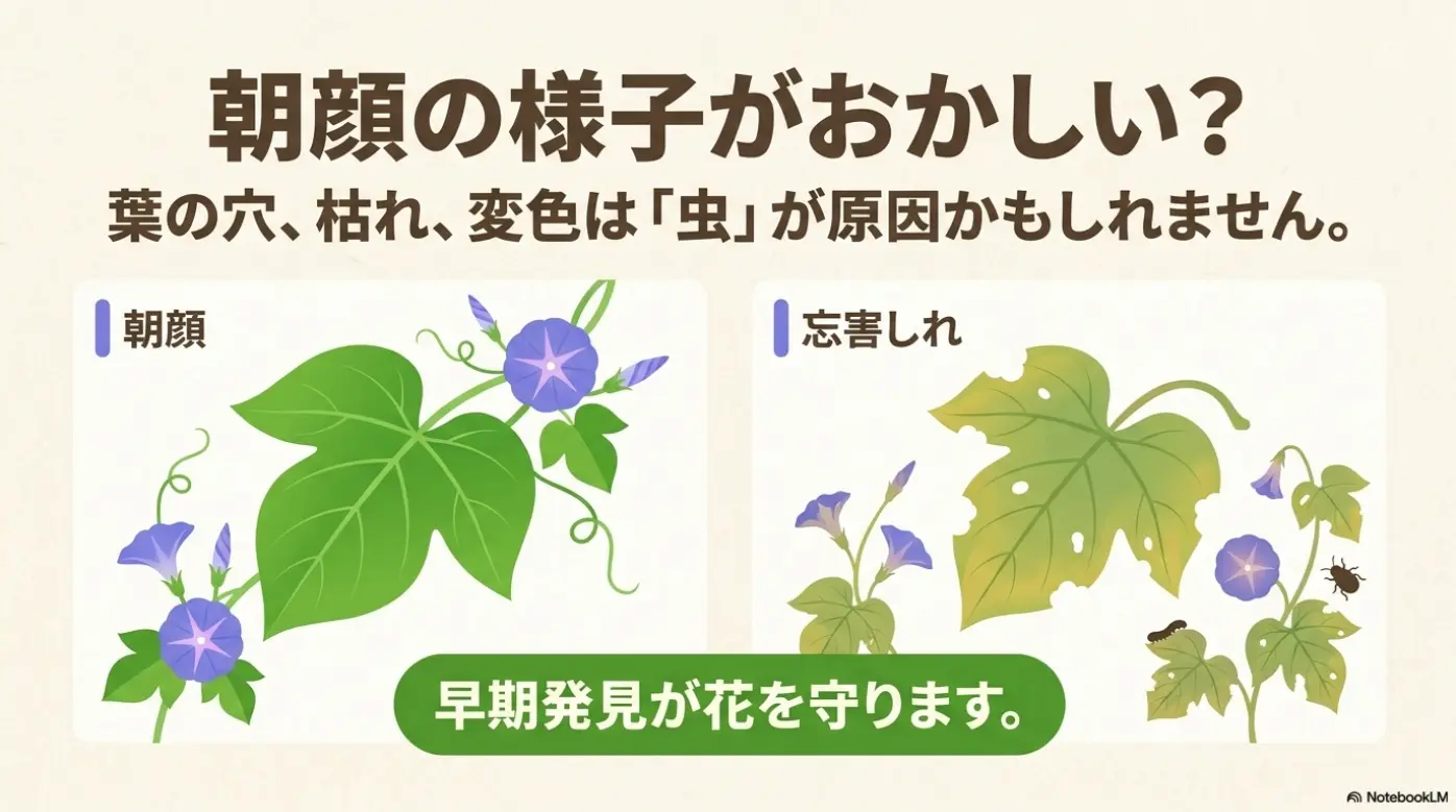 朝顔の葉に穴が開いたり変色したりする様子と、早期発見が花を守ることを伝えるイラスト。