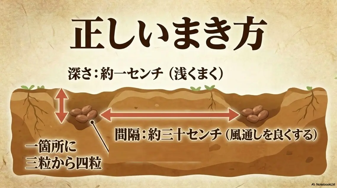 オクラの種の正しいまき方：深さ約1センチ、一箇所に3粒から4粒、間隔約30センチ