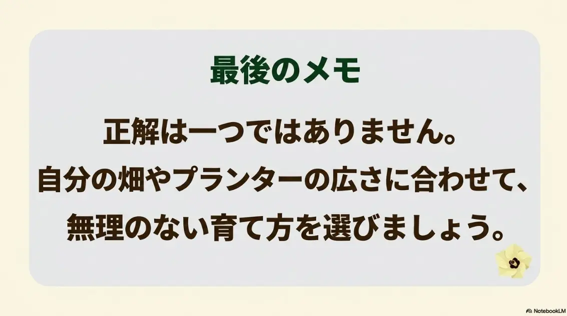 オクラ栽培の正解は一つではないため、畑やプランターの広さに合わせて無理のない育て方を選びましょうと呼びかけるまとめのスライド画像。