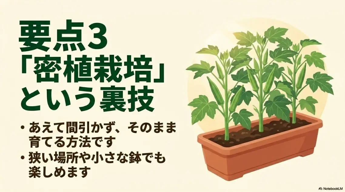 オクラの密植栽培という裏技として、あえて間引かずそのまま育てる方法と、狭い場所や小さな鉢でも楽しめることを紹介したスライド画像。