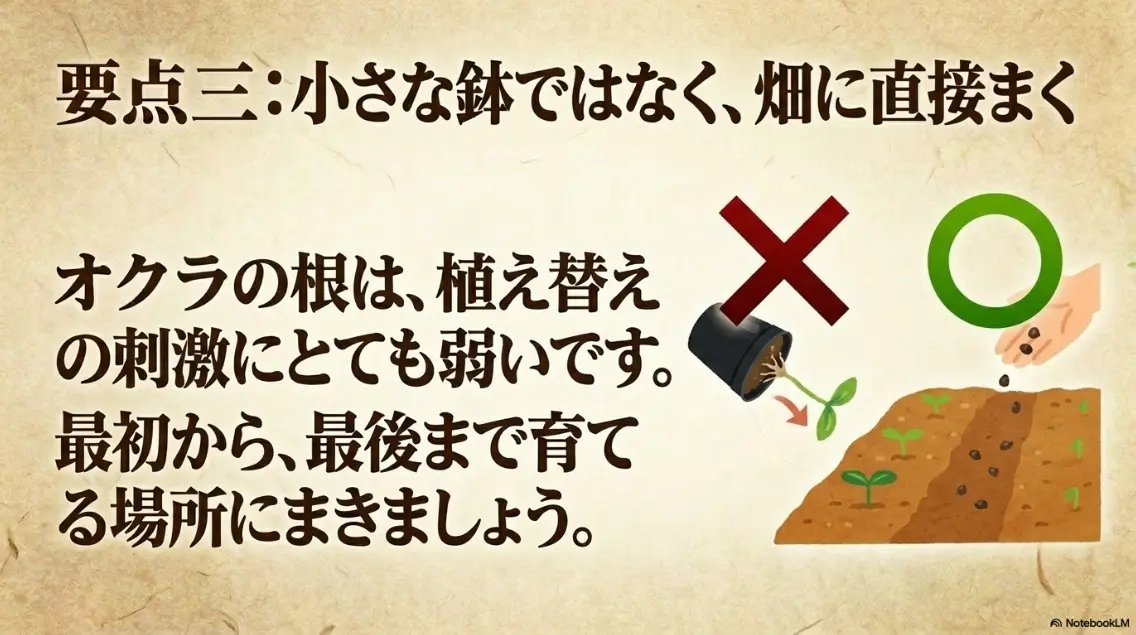 要点三：小さな鉢ではなく畑に直接まく。根は植え替えの刺激に弱いため最後まで育てる場所にまく