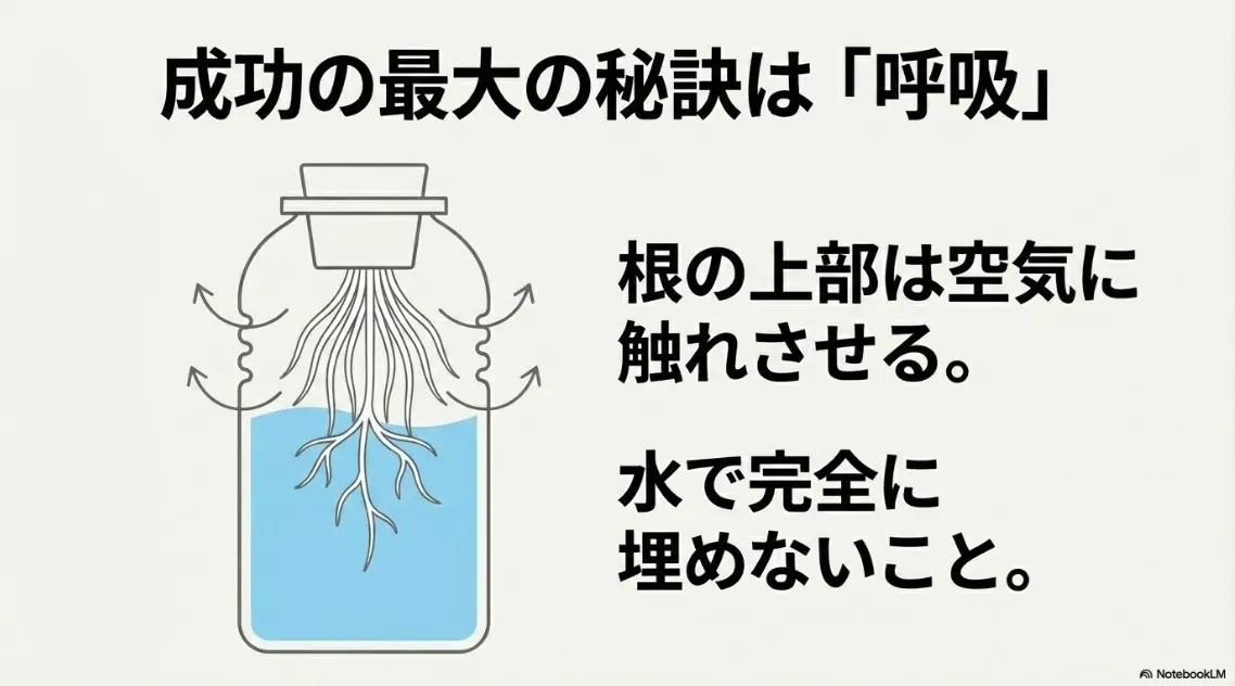 水耕栽培成功の最大の秘訣は根の呼吸（根の上部を空気に触れさせる）