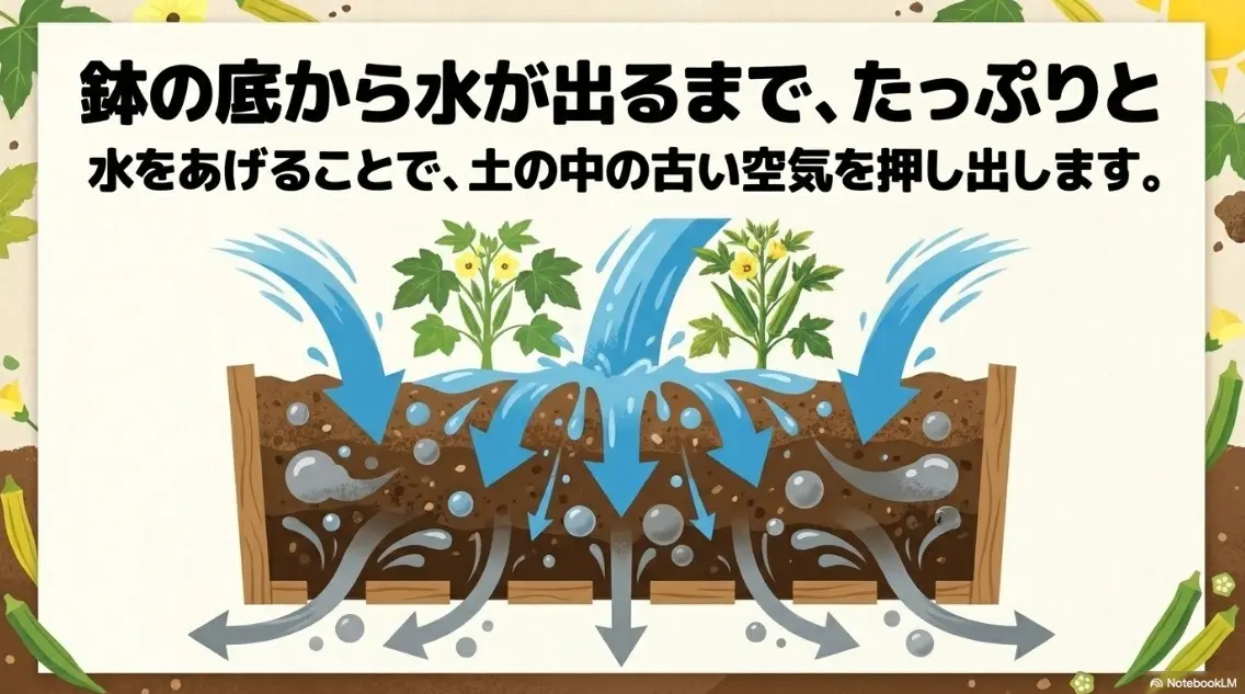 プランターの鉢底から水が出るまでたっぷり与えて換気する