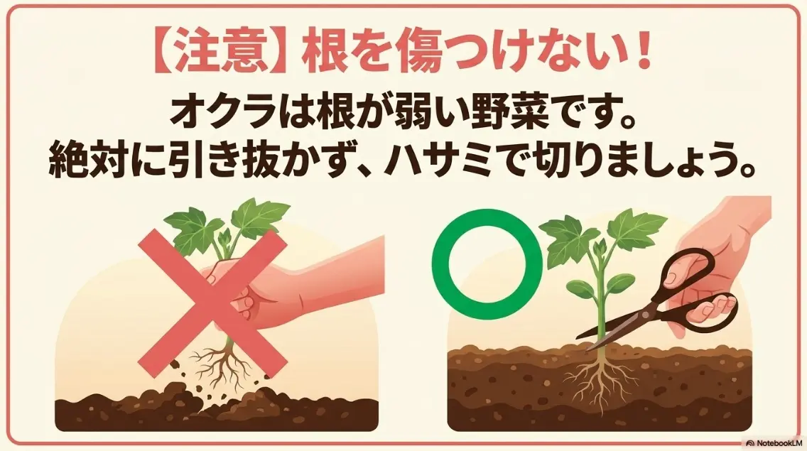 「【注意】根を傷つけない！」オクラは根が弱い野菜なので、絶対に引き抜かずにハサミで切りましょうと伝える警告スライド画像。