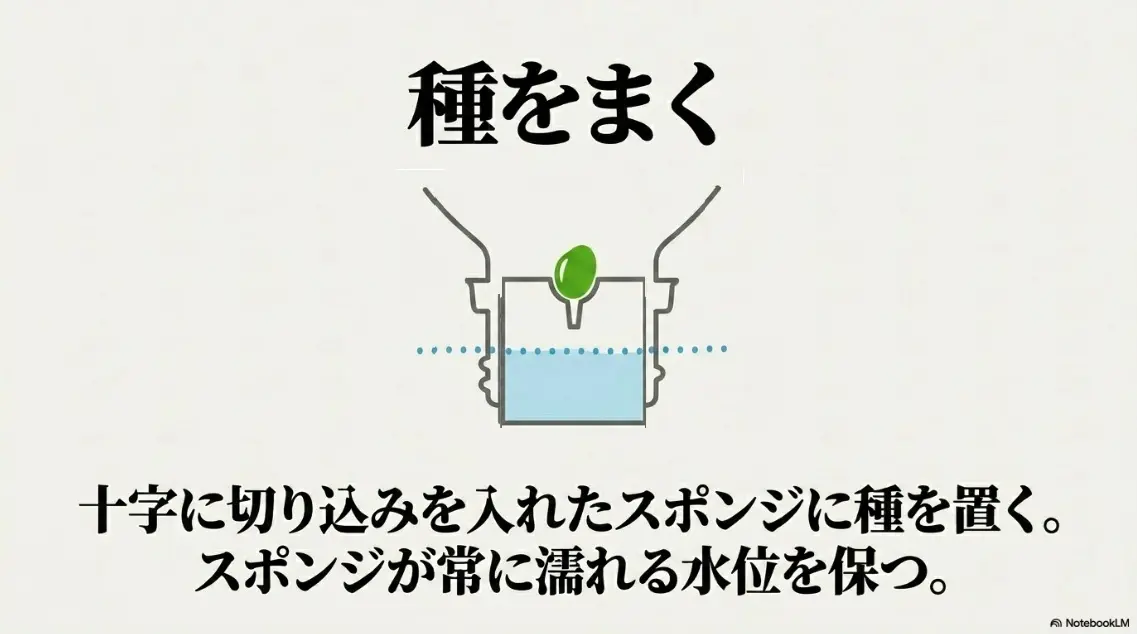 十字に切り込みを入れたスポンジへのオクラの種まき方法