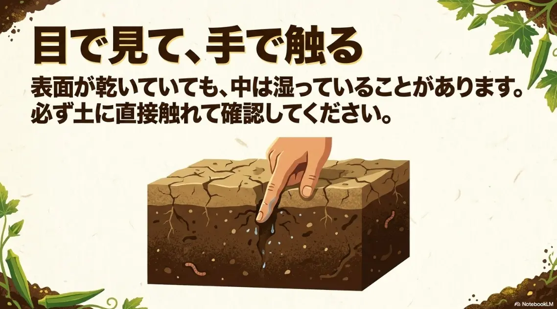 オクラの土の乾き具合を目と手で直接確認する