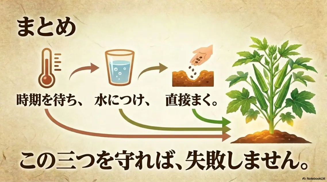 まとめ：時期を待ち、水につけ、直接まく。この三つを守れば失敗しません
