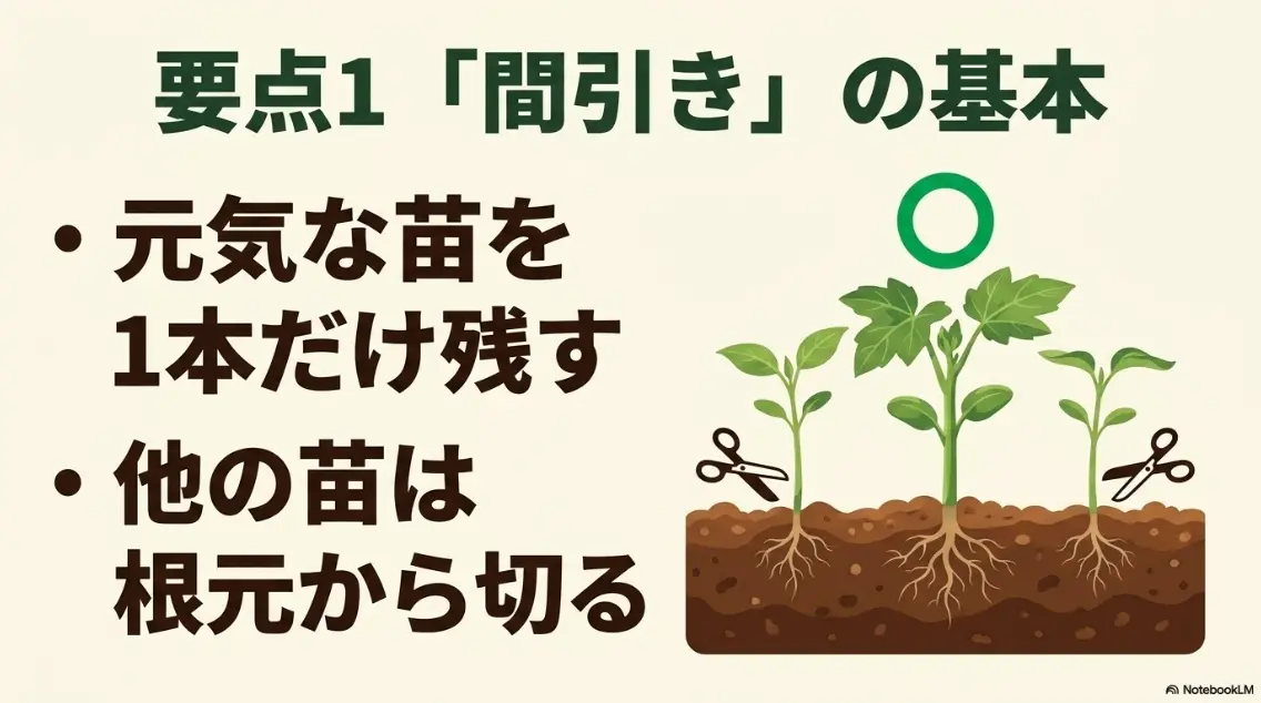 オクラの間引きの基本として、元気な苗を1本だけ残し、他の苗は根元から切ることを解説したスライド画像。