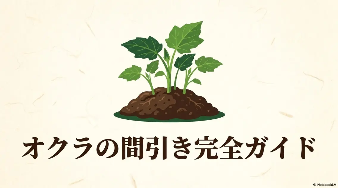オクラの間引き、植え替え、密植栽培について解説する「オクラの間引き完全ガイド」の表紙スライド画像。