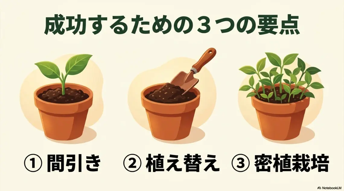 オクラ栽培を成功させる3つの要点として「①間引き」「②植え替え」「③密植栽培」を提示しているスライド画像。