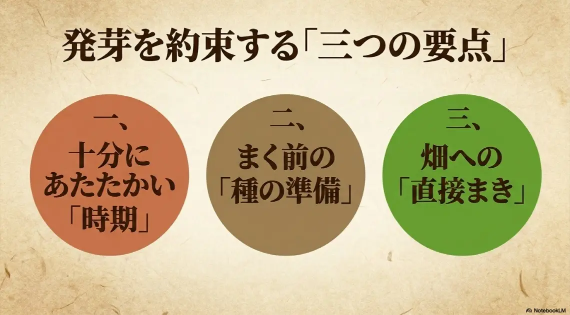 発芽を約束する3つの要点：あたたかい時期、種の準備、直接まき