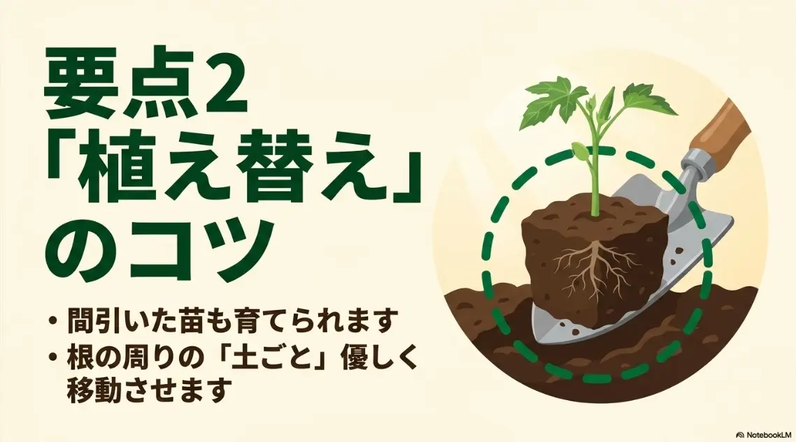 オクラの植え替えのコツとして、間引いた苗も育てられること、根の周りの「土ごと」優しく移動させることを説明したスライド画像。