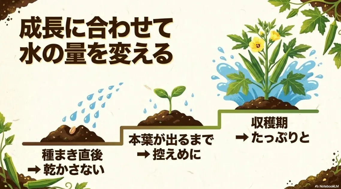 オクラの成長段階に合わせて水やりの量を変える