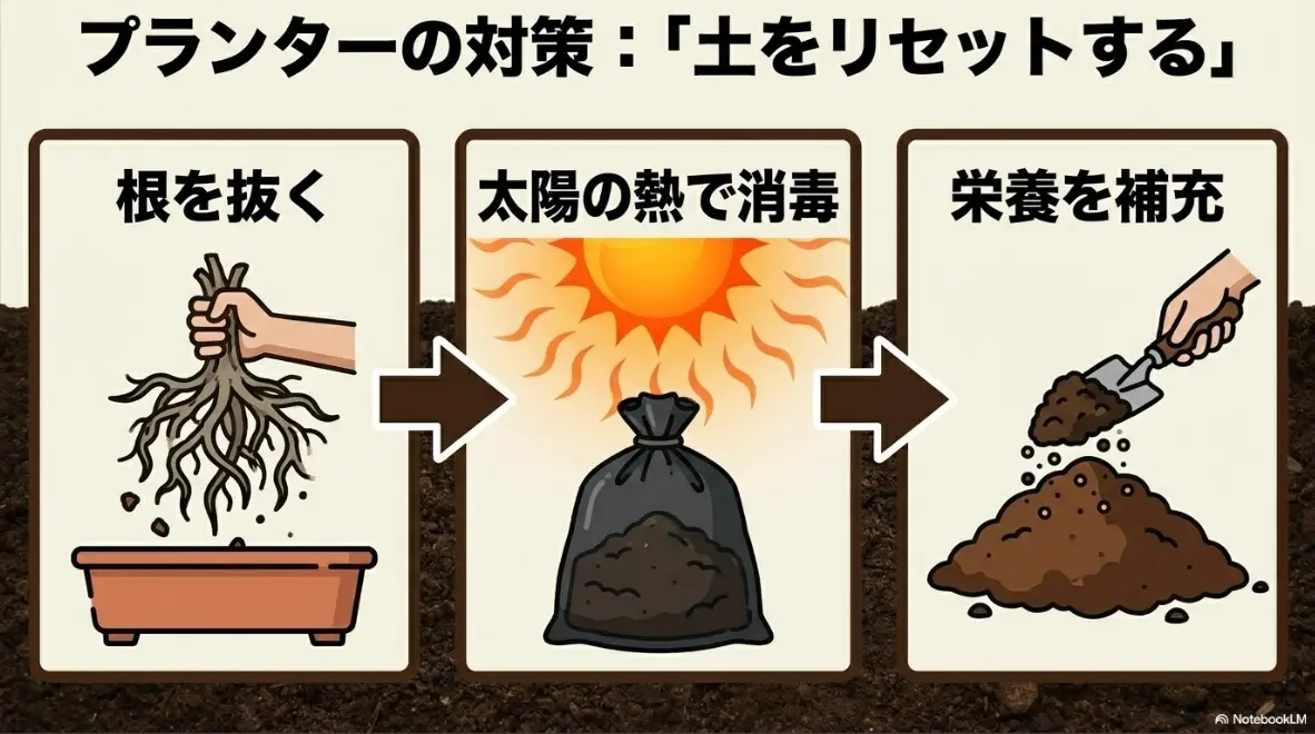 プランターの対策:「土をリセットする」根を抜く・太陽の熱で消毒・栄養を補充