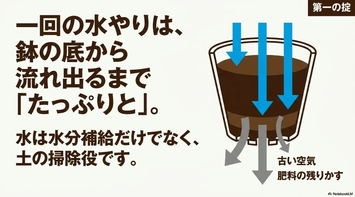 第一の掟:一回の水やりは、鉢の底から流れ出るまでたっぷりと。水は水分補給だけでなく、土の掃除役です。