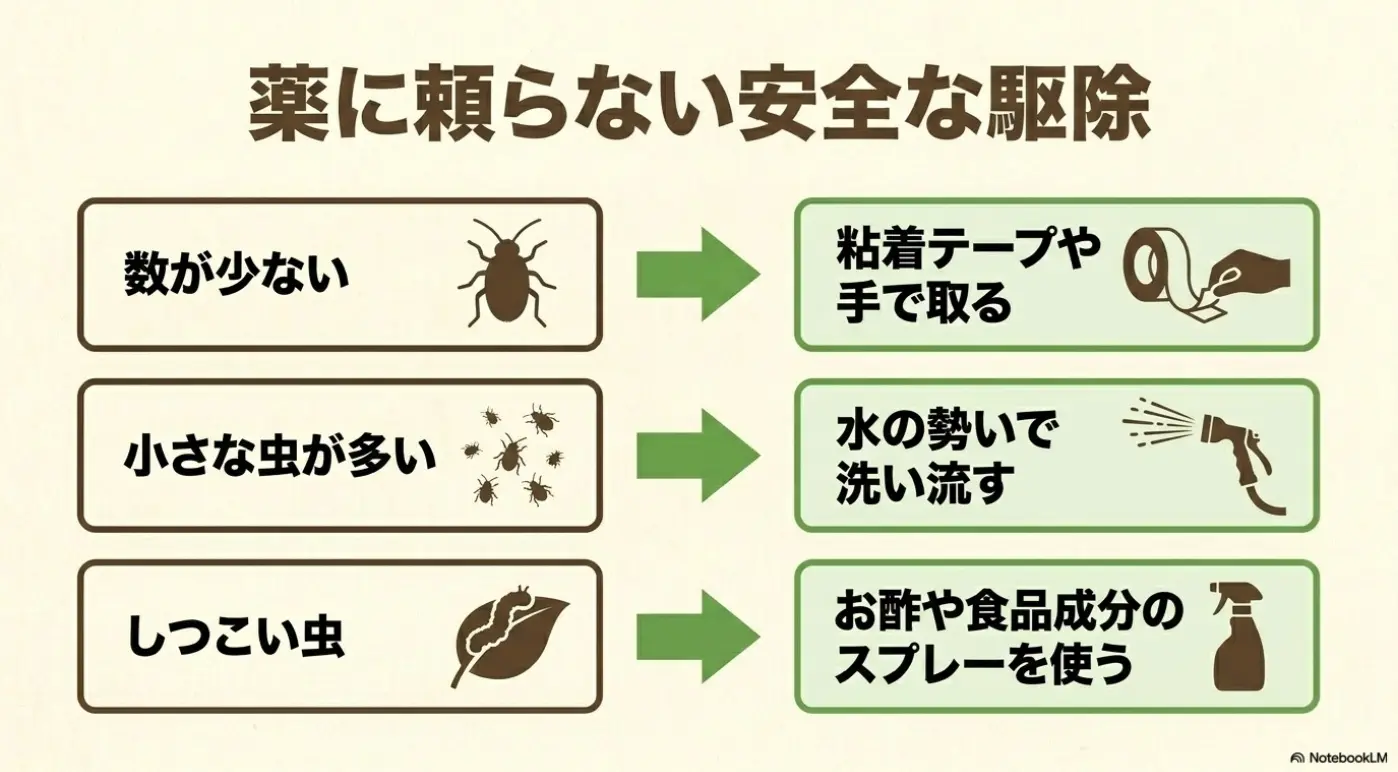 粘着テープ、水での洗い流し、お酢や食品成分のスプレーなど、薬に頼らない安全な駆除手段の紹介。