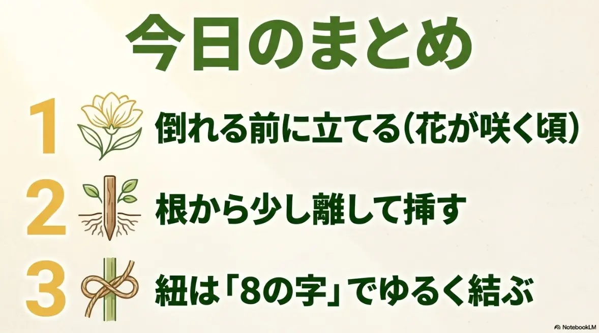 枝豆の支柱づくりのまとめ（倒れる前に立てる、根から少し離して挿す、8の字でゆるく結ぶ）
