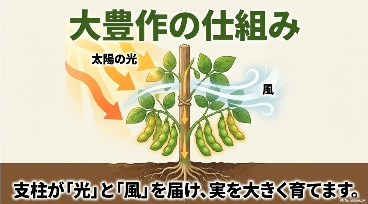 支柱が太陽の光と風を届けて枝豆の実を大きく育てる仕組み