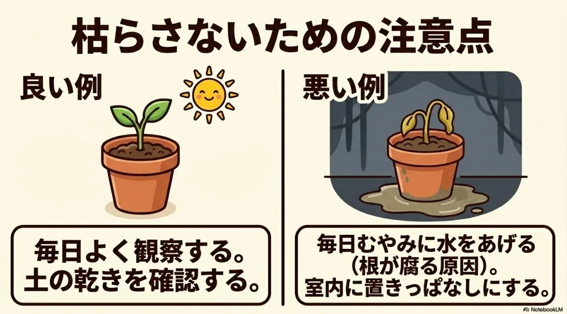 ミニひまわり栽培において、毎日むやみに水をあげたり室内に置きっぱなしにする悪い例のイラスト