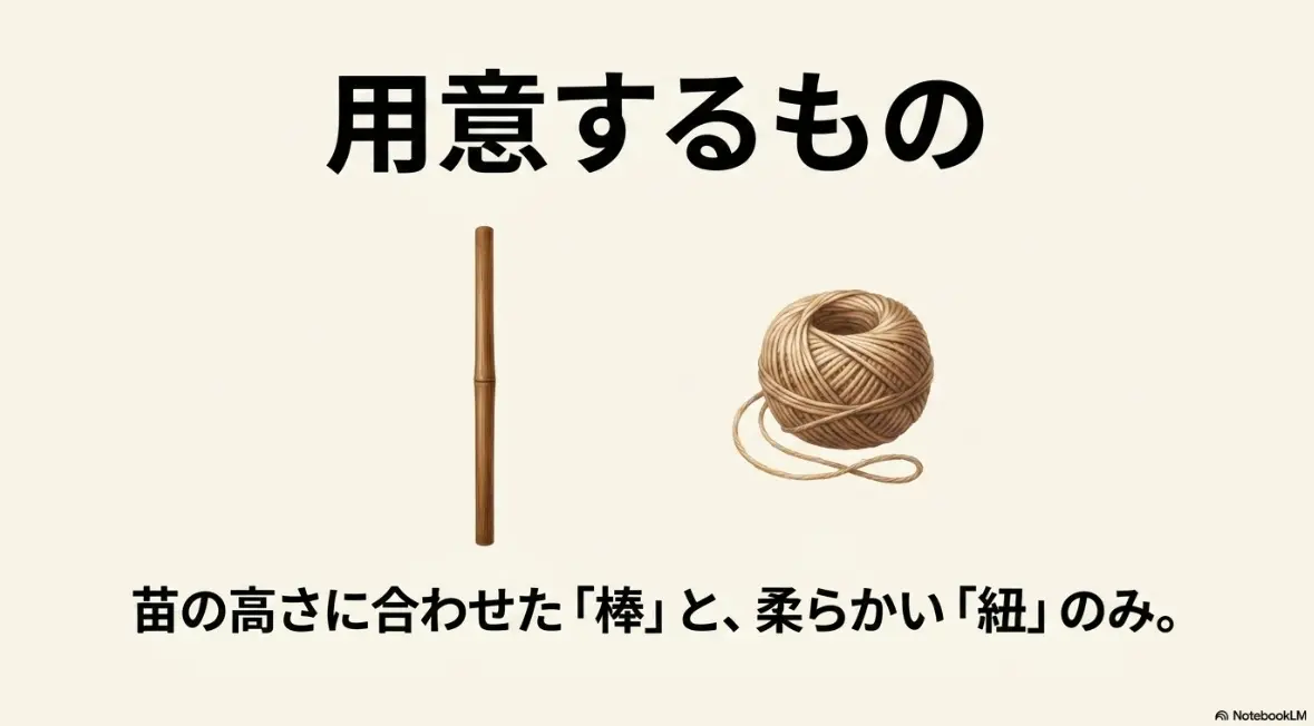枝豆の支柱立てに必要な棒と柔らかい紐