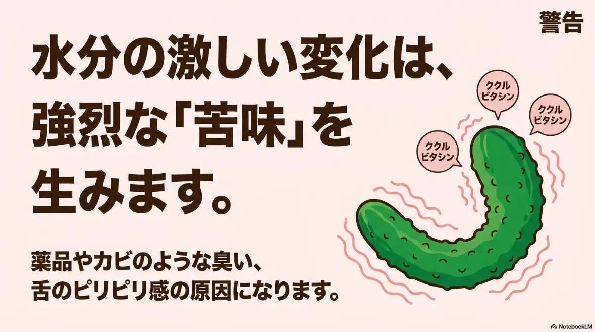 警告:水分の激しい変化は、強烈な「苦味」を生みます。薬品やカビのような臭い、舌のピリピリ感の原因になります。ククルビタシン。