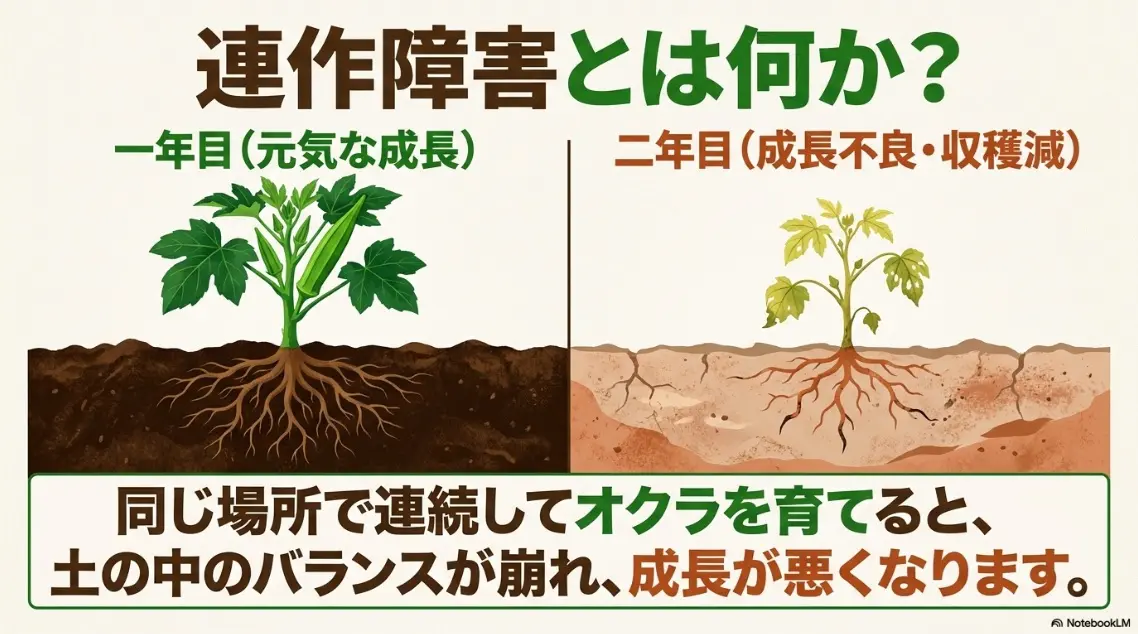 オクラの連作障害による成長不良と収穫減のイメージ