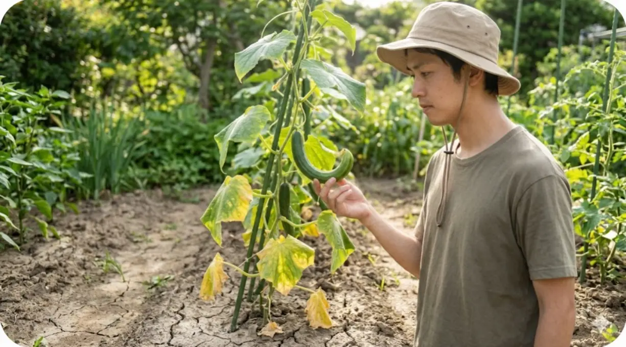 水やり不足で葉が黄色く変色し、元気がなくなったキュウリの株の状態。20代の日本人男性が観察している。
