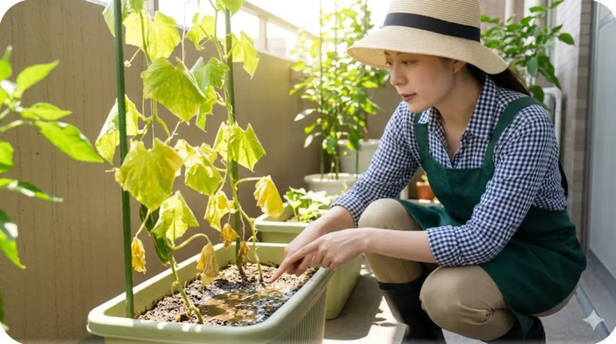 ベランダでプランター栽培のキュウリを観察する日本人女性。水のやりすぎで土が湿り、株が根腐れのサイン(葉の下垂・変色)を出している。