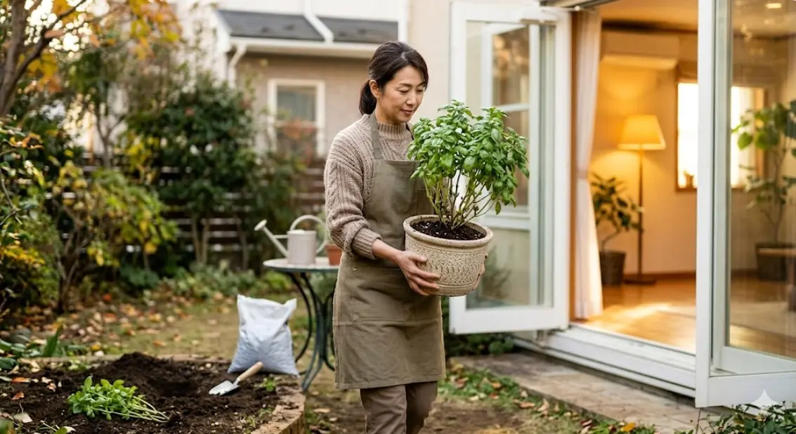 バジルの地植えの株を鉢上げして暖かい場所へ移す手順とは？