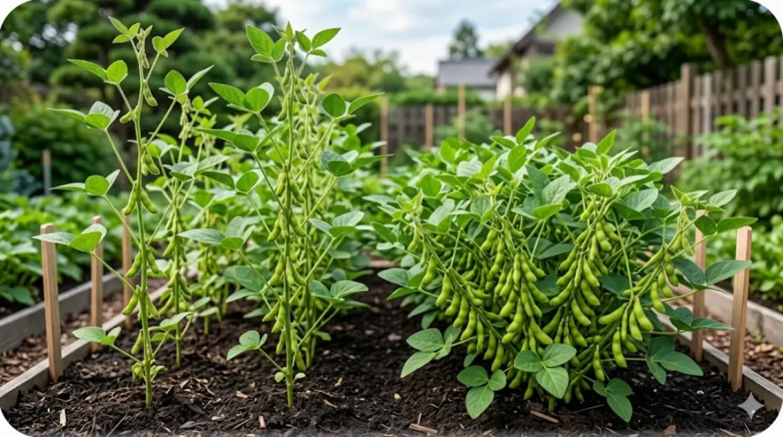 家庭菜園で、背が高くスリムな早生種の枝豆（左）と、摘芯されて横に茂り多くの実をつけた晩生種の枝豆（右）を比較した様子。品種による草姿の違いを示す。