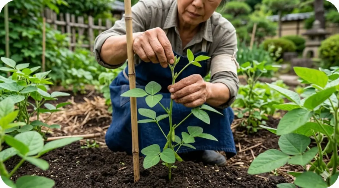 家庭菜園で、日本人女性の手が、本葉が5枚出た健康な枝豆の苗の最先端の新芽（頂芽）を、清潔な指先で正確に摘み取っている様子。正しい摘芯の方法を示す。