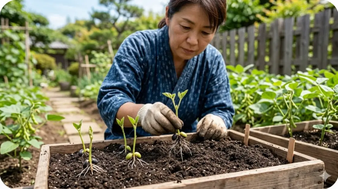 日本のコミュニティガーデンで、日本人ガーデナーが黒豆の苗を挿し木としてレイズドベッドに植えている様子。徒長抑制の手法を実践。