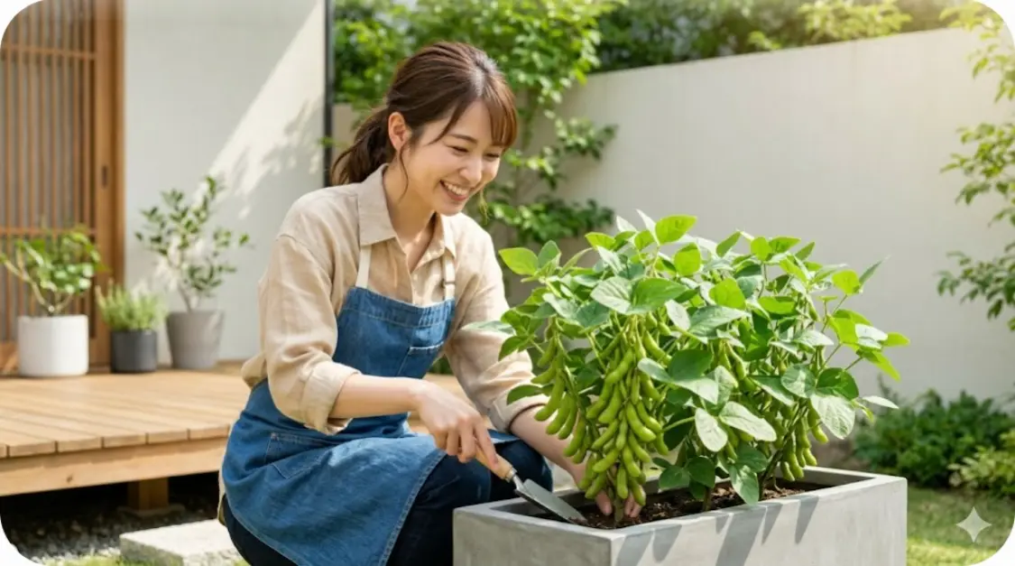 日本の庭園で、たくさんの実がぎっしり詰まった枝豆の株と、その実の膨らみを確認する日本人ガーデナーの様子。ベストな収穫時期を見極める。