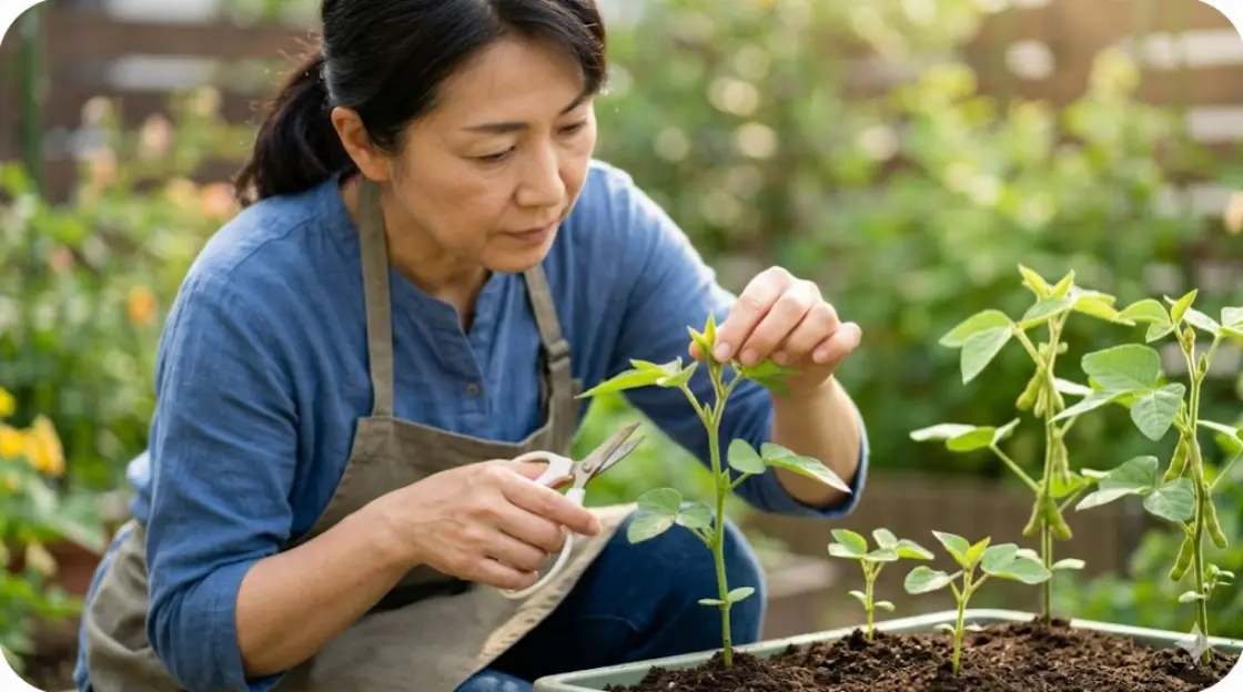 日当たりの良い日本の家庭菜園で、日本人女性が小さな枝豆の苗の先端（摘心）を優しく指で摘み、同時に根を傷つけないように茎から少し離れた土を掘り（断根）、挿し木を行う一連のプロフェッショナルな技術。