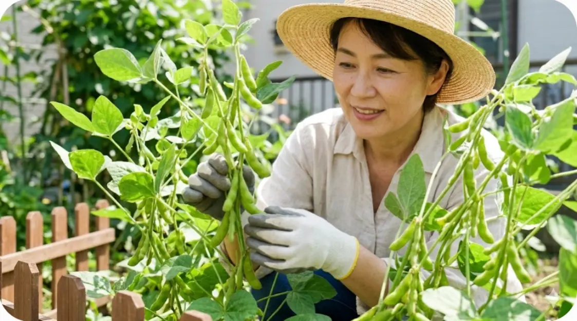 家庭菜園で笑顔で枝豆の生育を確認する日本人の女性。無農薬栽培の様子を伝える、安心感のあるイメージ。