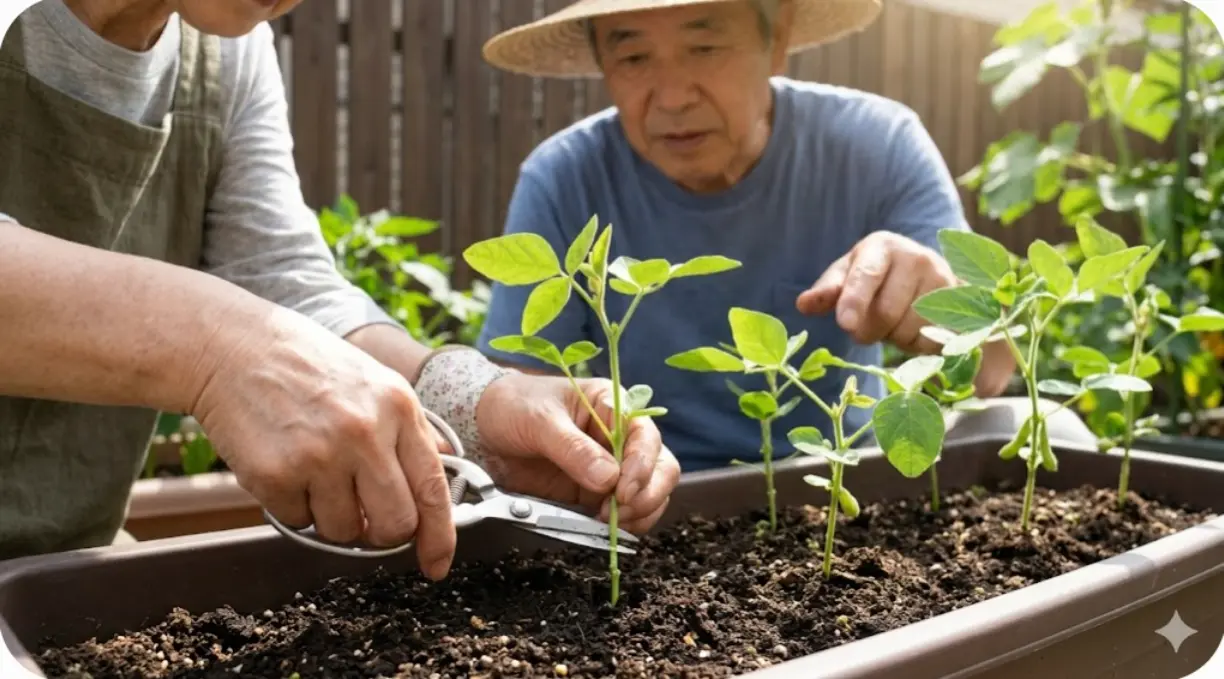 枝豆の間引き方法として、プランターに育った苗を絶対に手で抜かず、清潔な園芸用ハサミで根元を安全にカットする日本人の男女の様子。