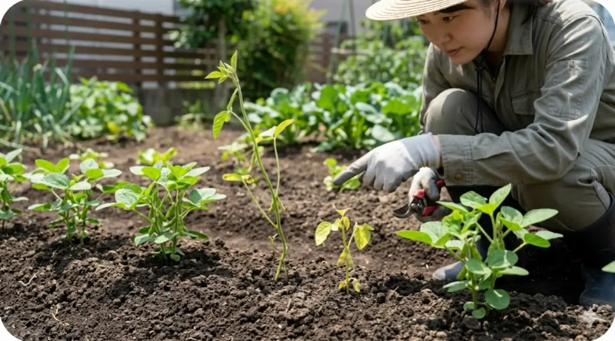 露地栽培の畑で、生育不良で黄色く変色した株やひょろひょろと徒長した不要な枝豆の株を指差して見分ける日本人の女性の様子。