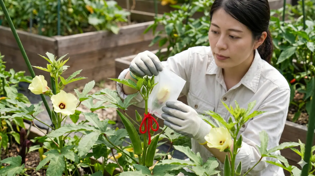 オクラの交雑を防ぐため、蕾に不織布の袋をかける日本人の女性。