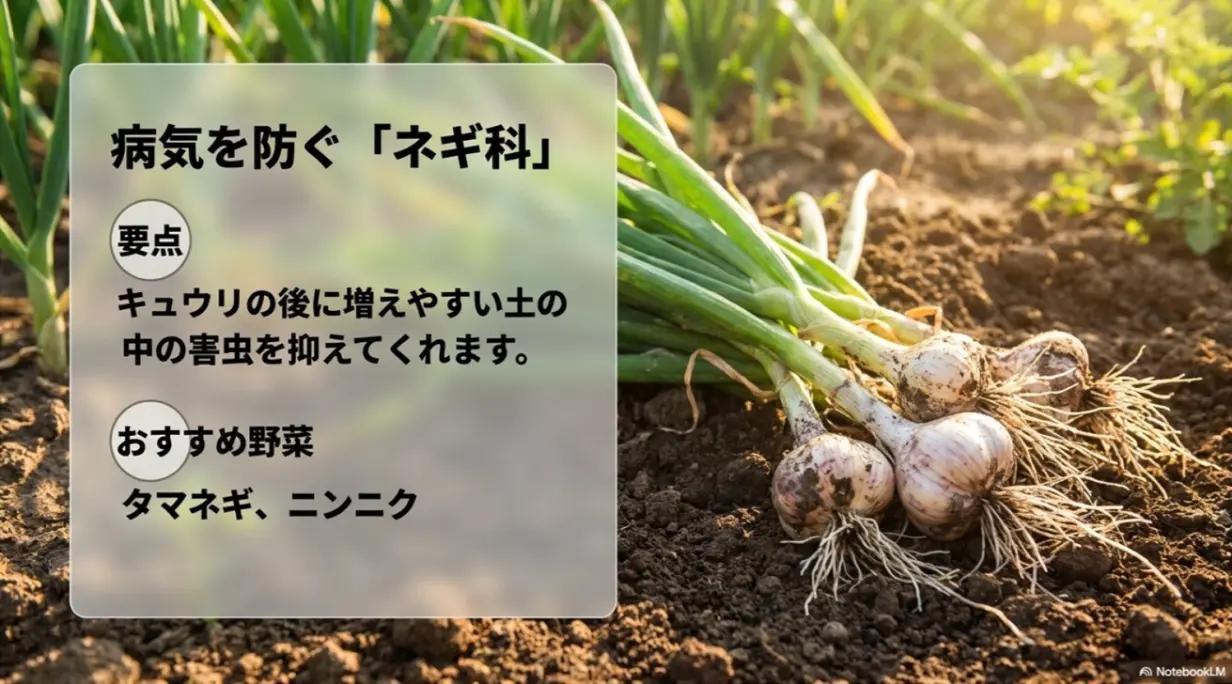 土の中の害虫を抑えて病気を防ぐ、キュウリの後作におすすめの野菜としてタマネギやニンニクを紹介