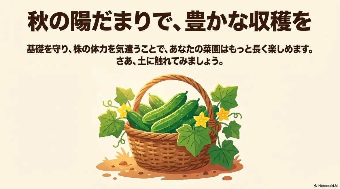 カゴいっぱいに収穫されたみずみずしい秋キュウリ